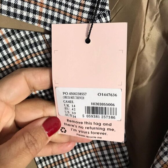 Miss Guided Brown Checkered Long Coat Size 10 - Picture 9 of 12